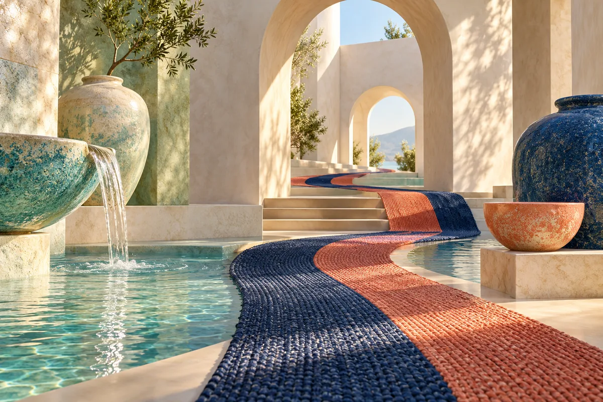 Sunlit ceramic vessels connected by woven planning bands